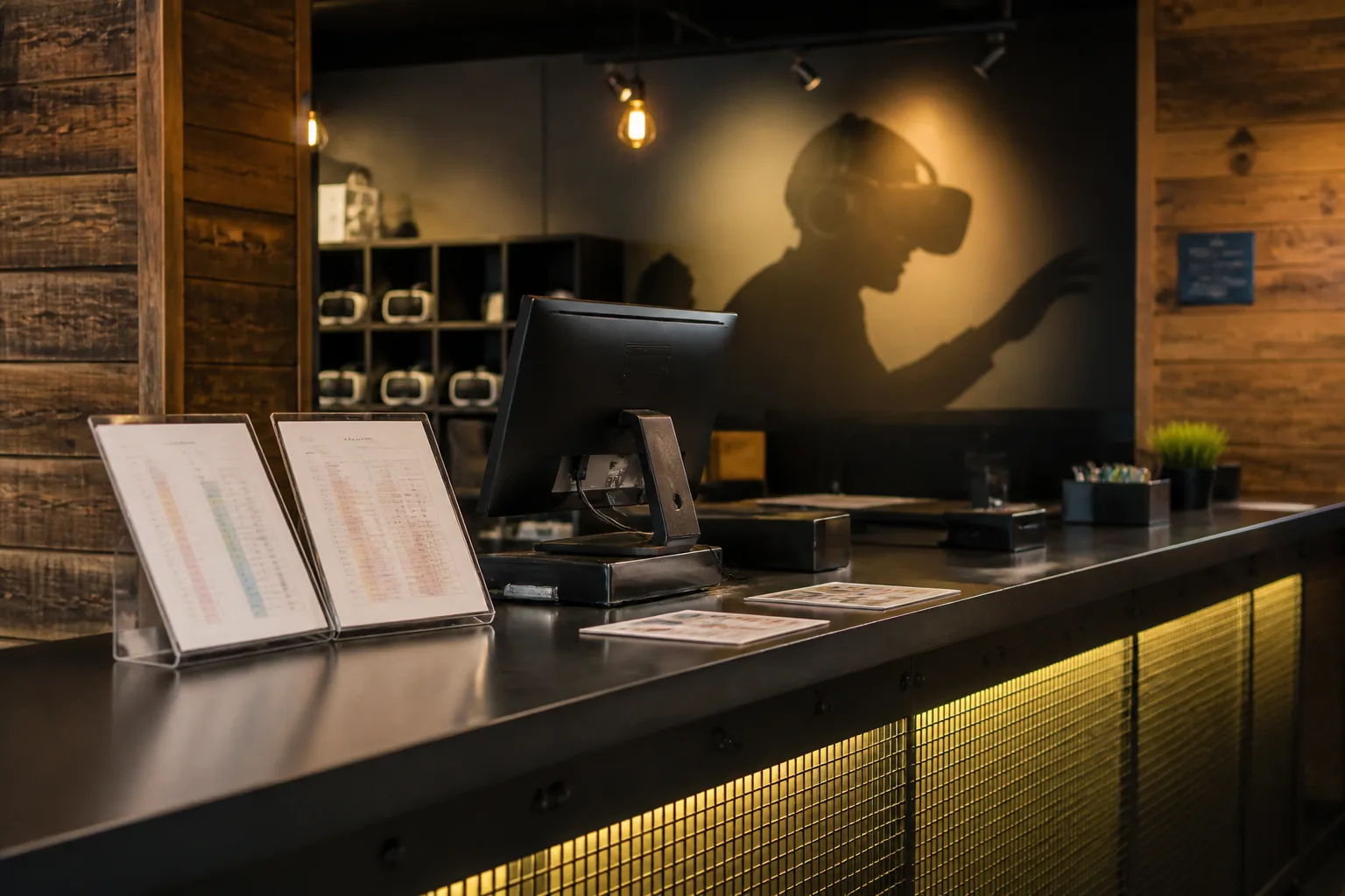 Booking counter with session schedule sheets and soft lighting