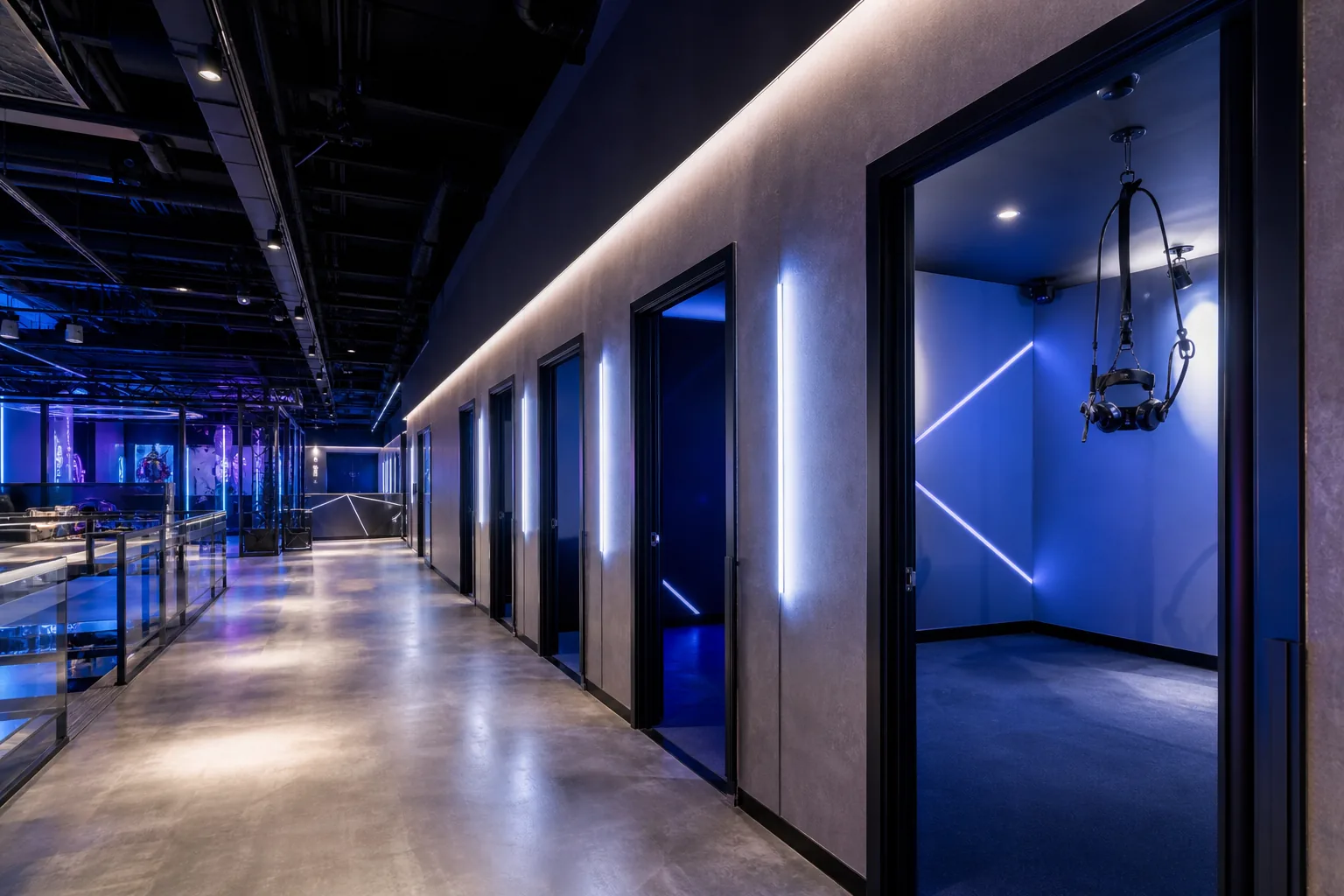 Wide view of VR suite doors along the venue corridor