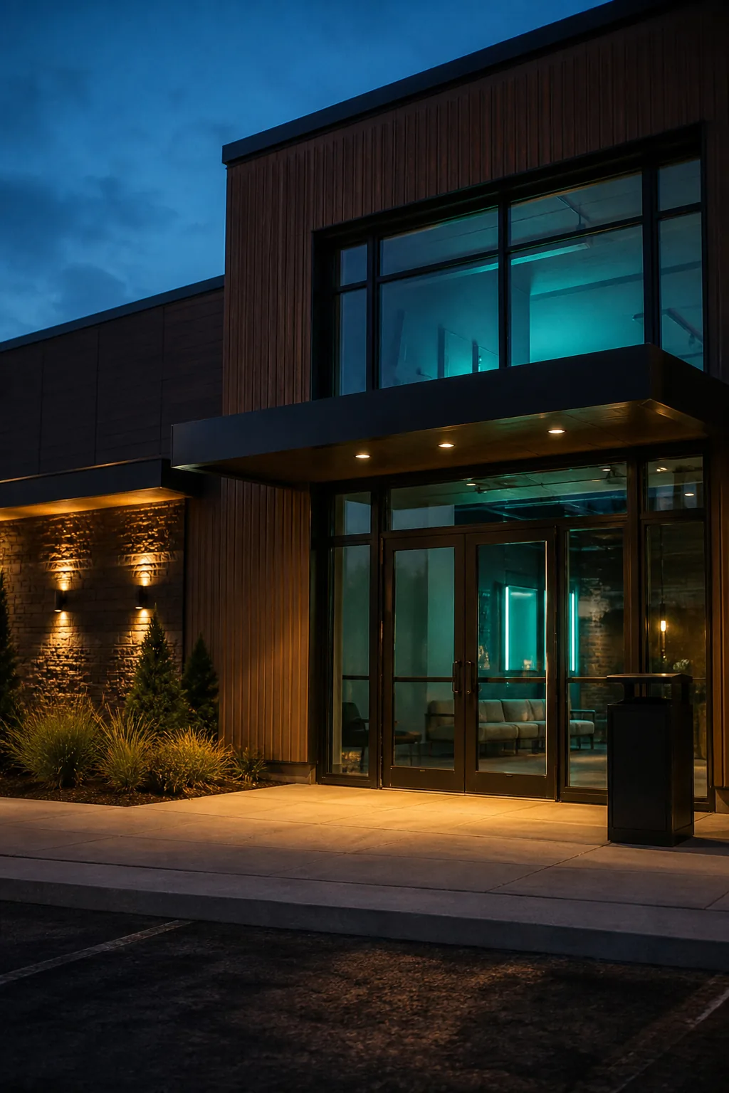 Evening street lights near the VR venue entrance