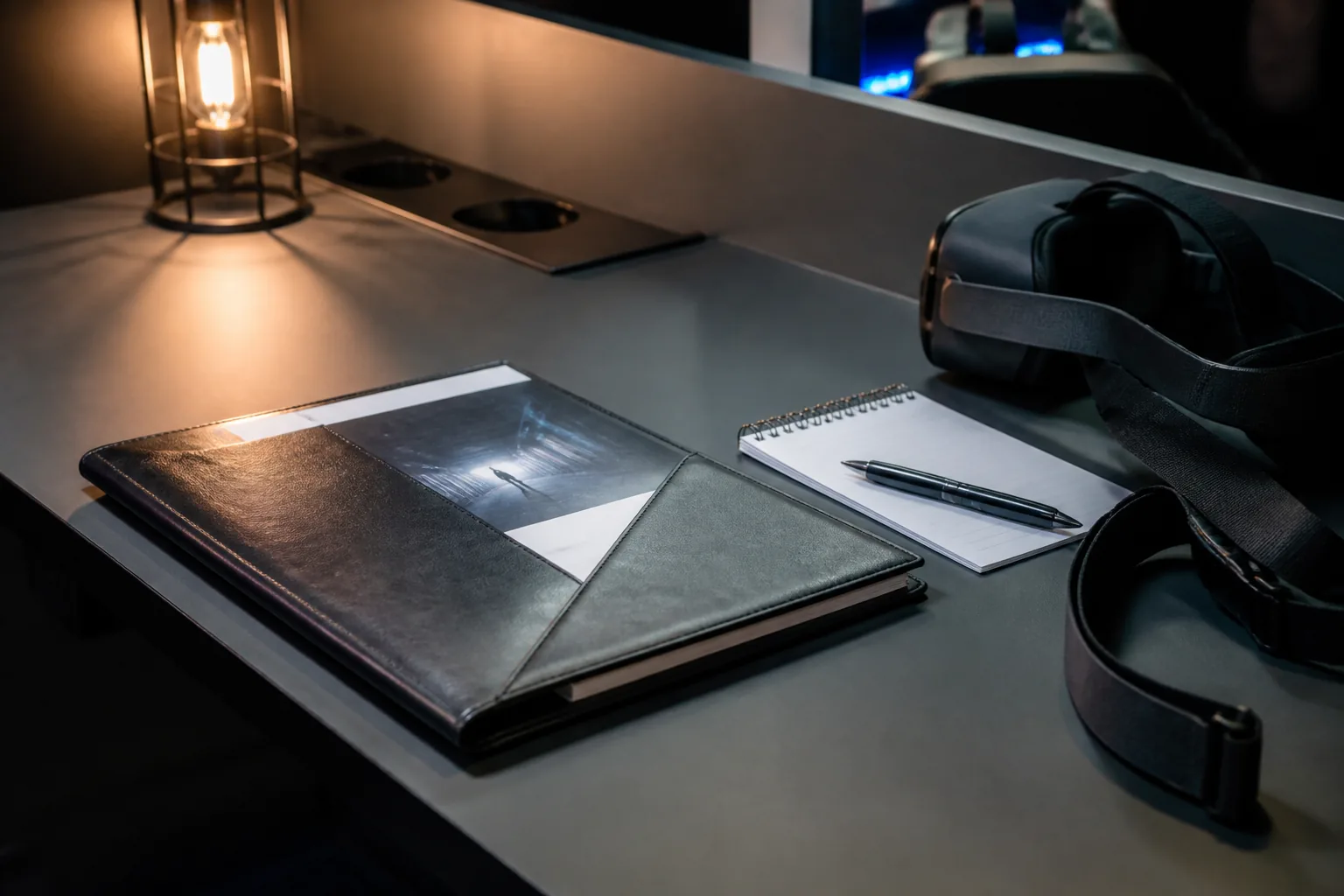Session information folder beside headset strap and notepad