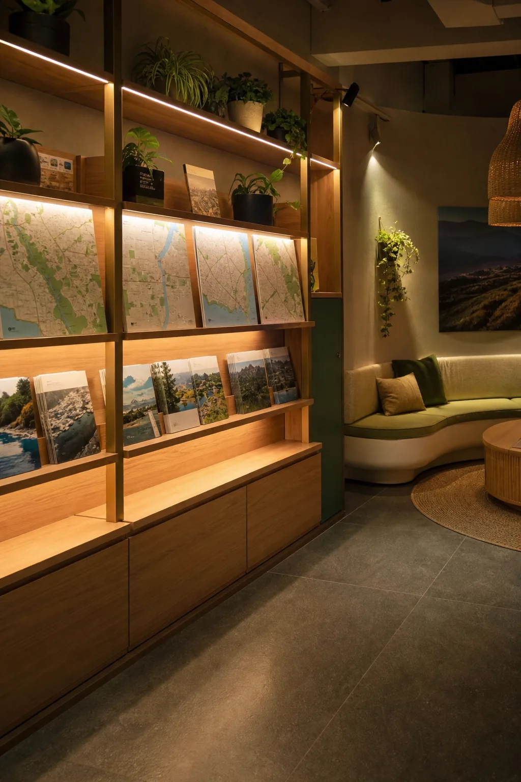 Lobby shelves with local maps and session guides