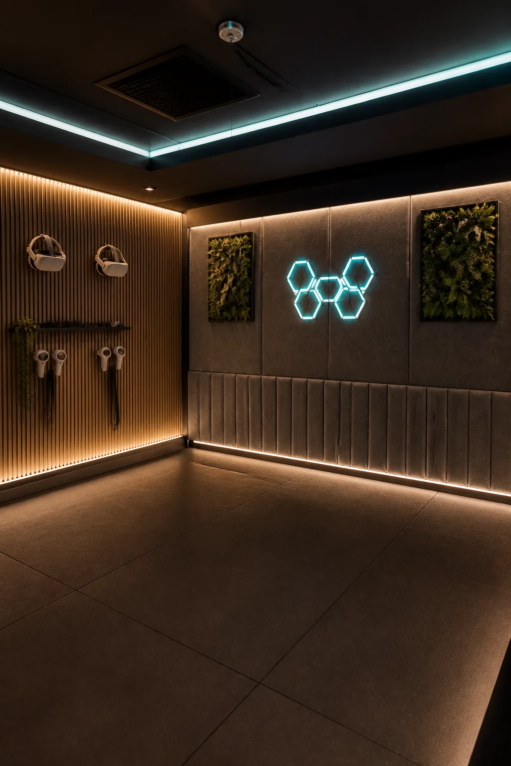 VR room with warm accent lighting and ready headsets