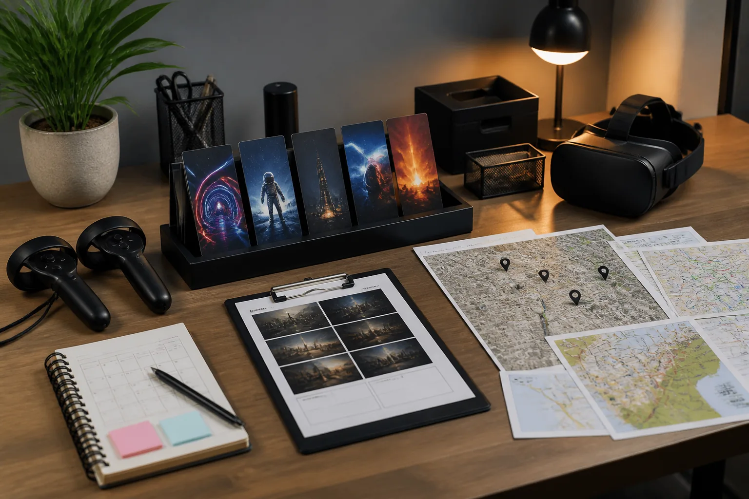 Planning desk with session cards and local maps