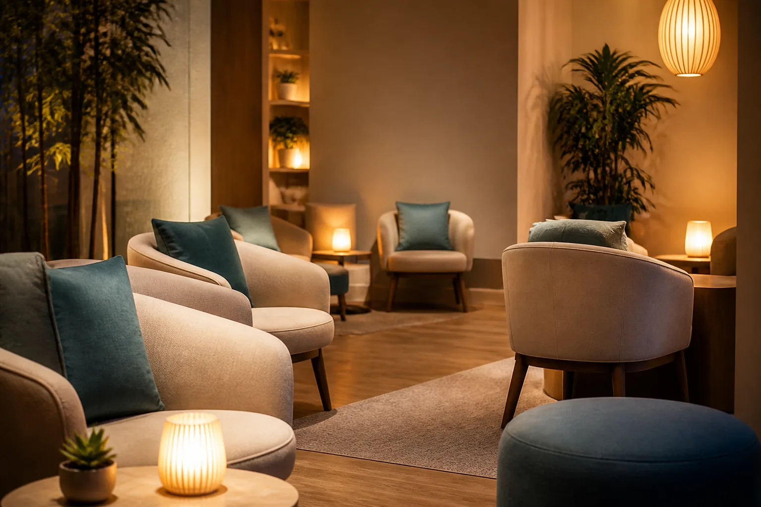Calm lobby seating for quieter pre-session conversations