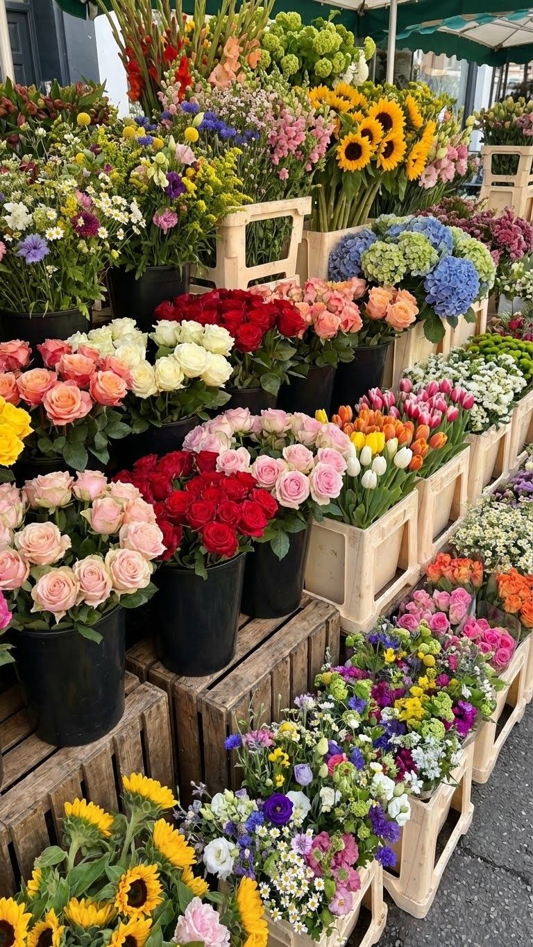 Florist table set with fresh roses, wrapping sheets, and pruning tools